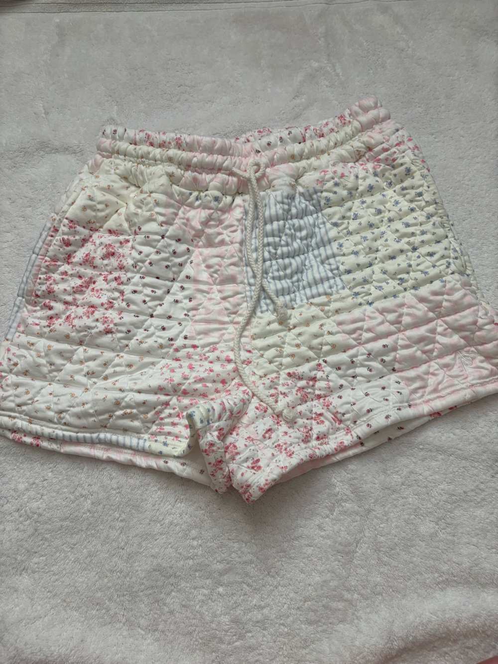 Altar'd State Quilted Floral Patchwork Athletic Shorts in Pink and Cream